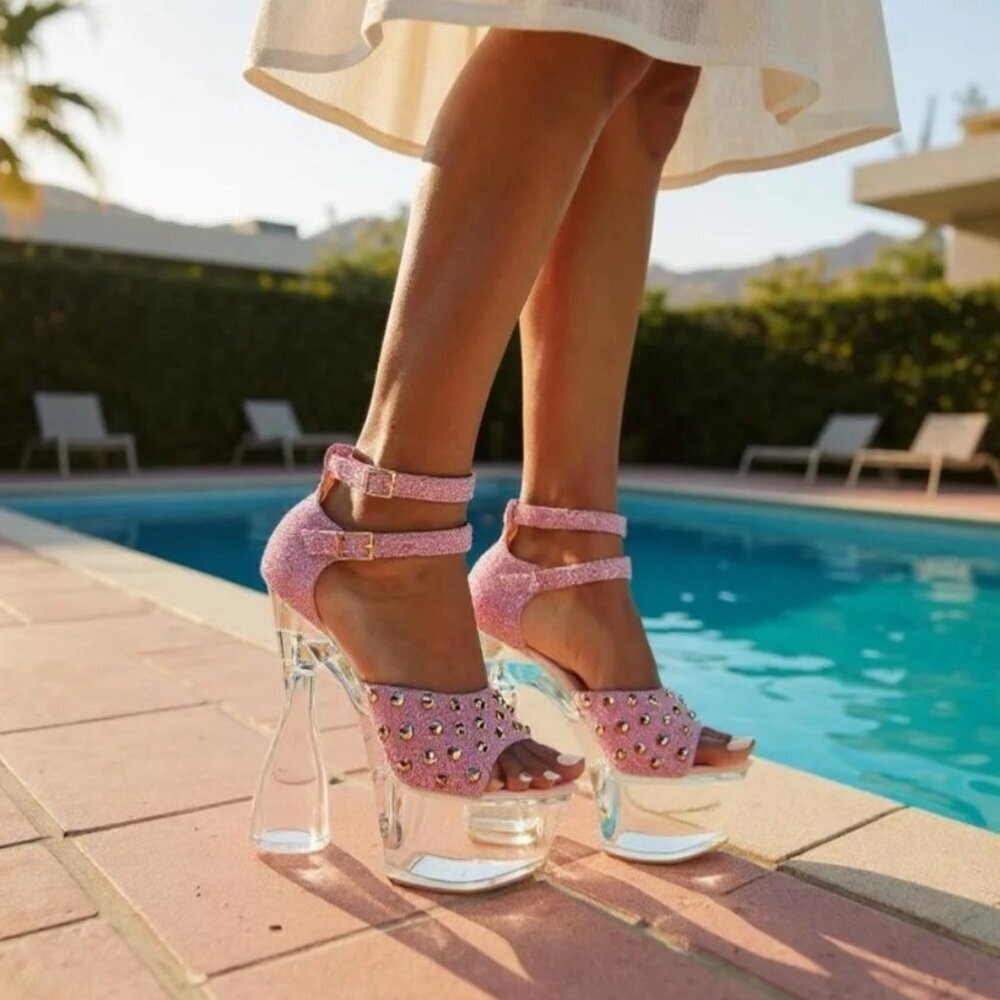 Golden Bulls ✦ Pink Glitter Platform Heels ✦ Studded Clear High Heel Sandal Sz 8